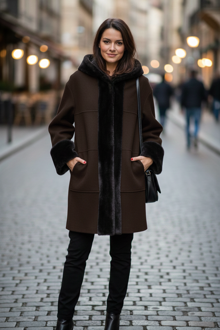 giaccone con cappuccio bordato con pelliccia ROMI2738 MORO MARICLA 