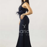 abito lungo con corpetto in strass e piume SH842AL BLU SHARON 