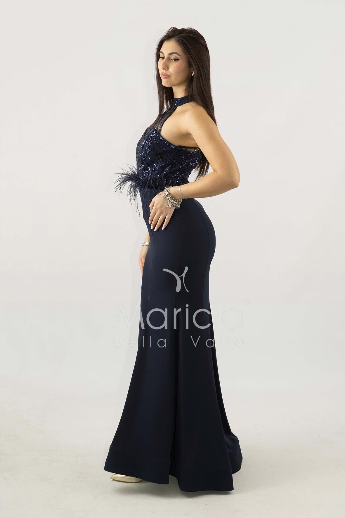 abito lungo con corpetto in strass e piume SH842AL BLU SHARON 