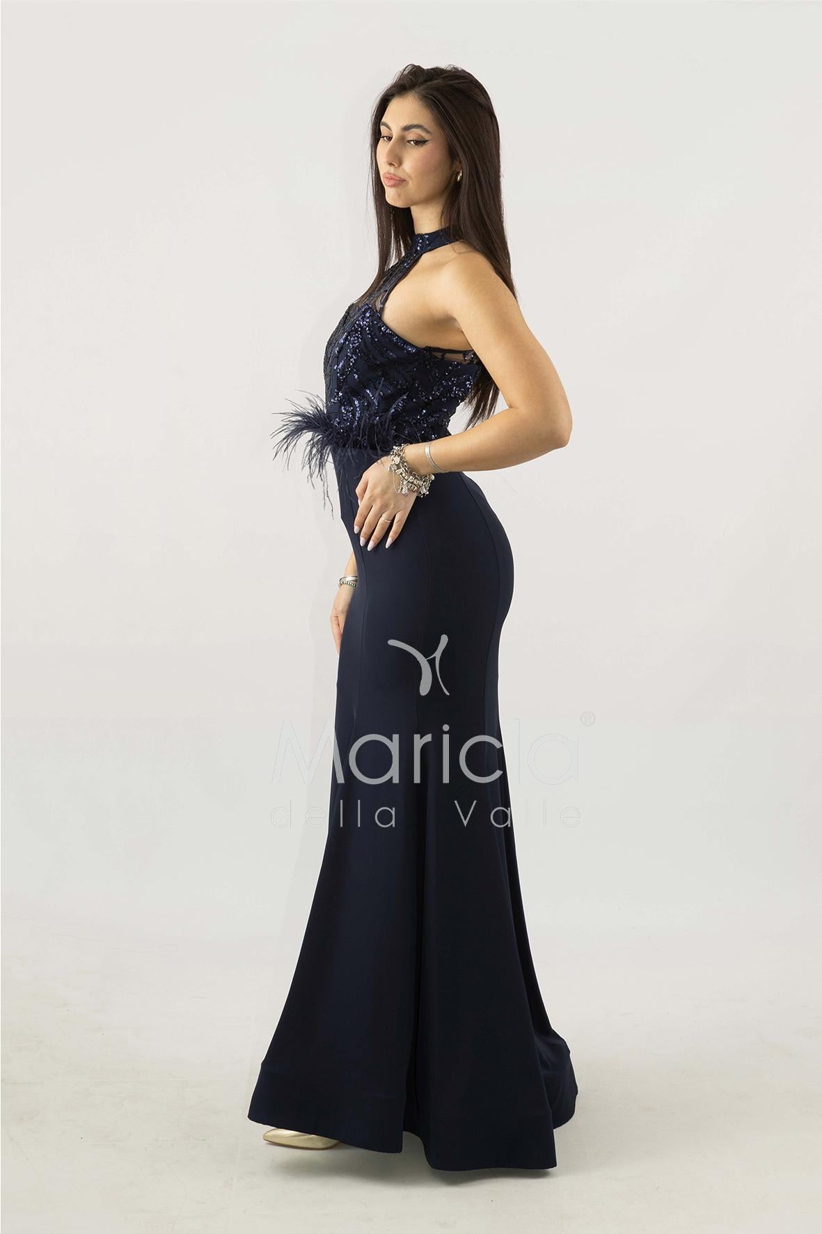 abito lungo con corpetto in strass e piume SH842AL BLU SHARON 