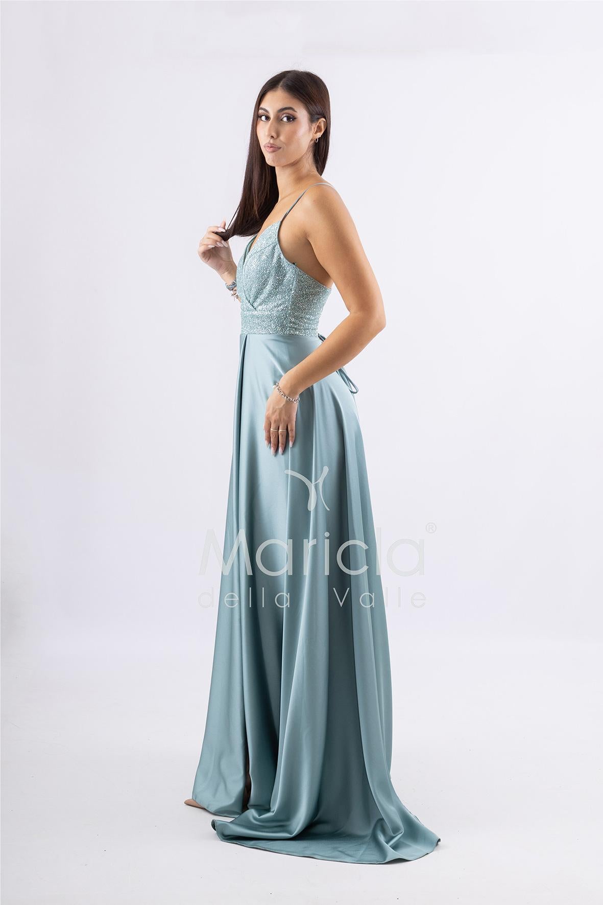 abito lungo con spacco paiette e stringhe FI6835 MENTA MARICLA ELEGANCE 