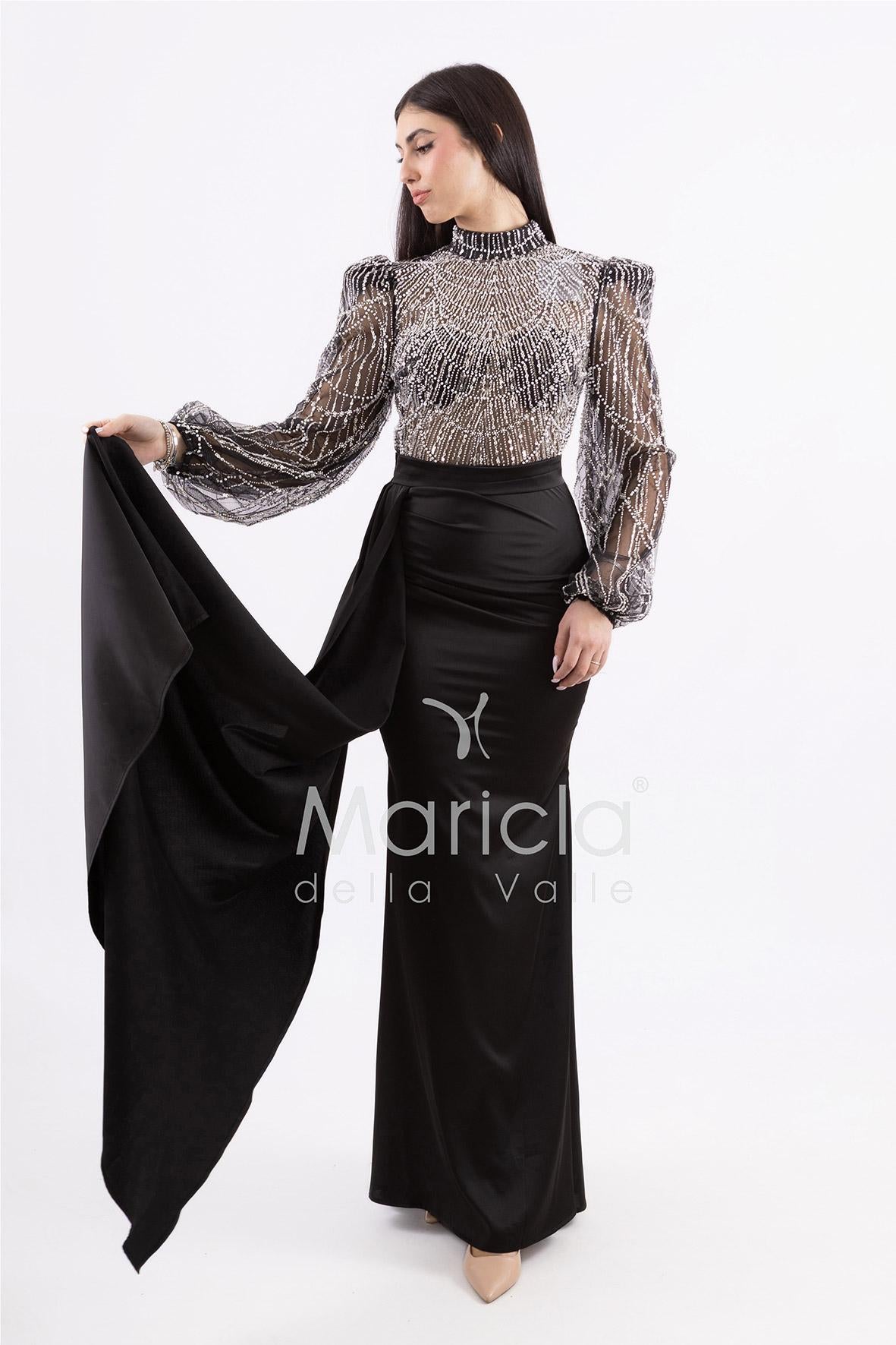 Abito sirena con corpetto ricamato e drappeggio al lato FP512352 NERO MARICLA ELEGANCE 