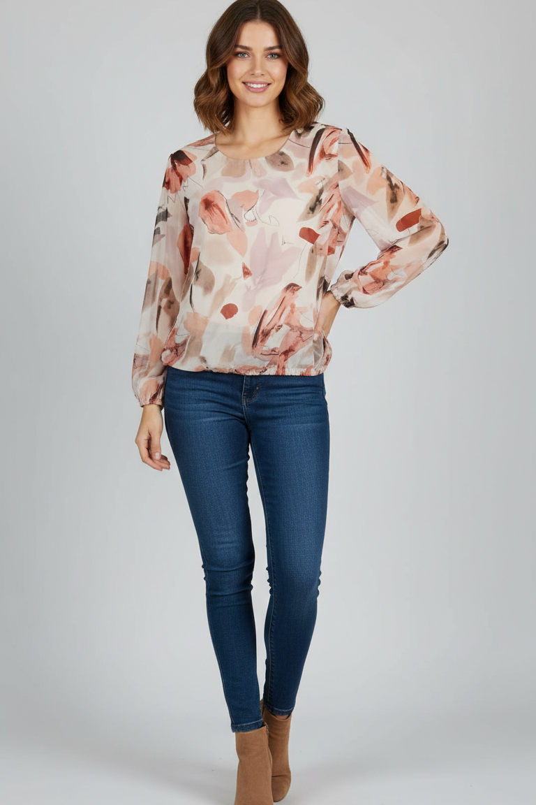 Blusa Leggera in Chiffon con Stampa Astratta Acquerello GR2040 ROSA MARICLA 