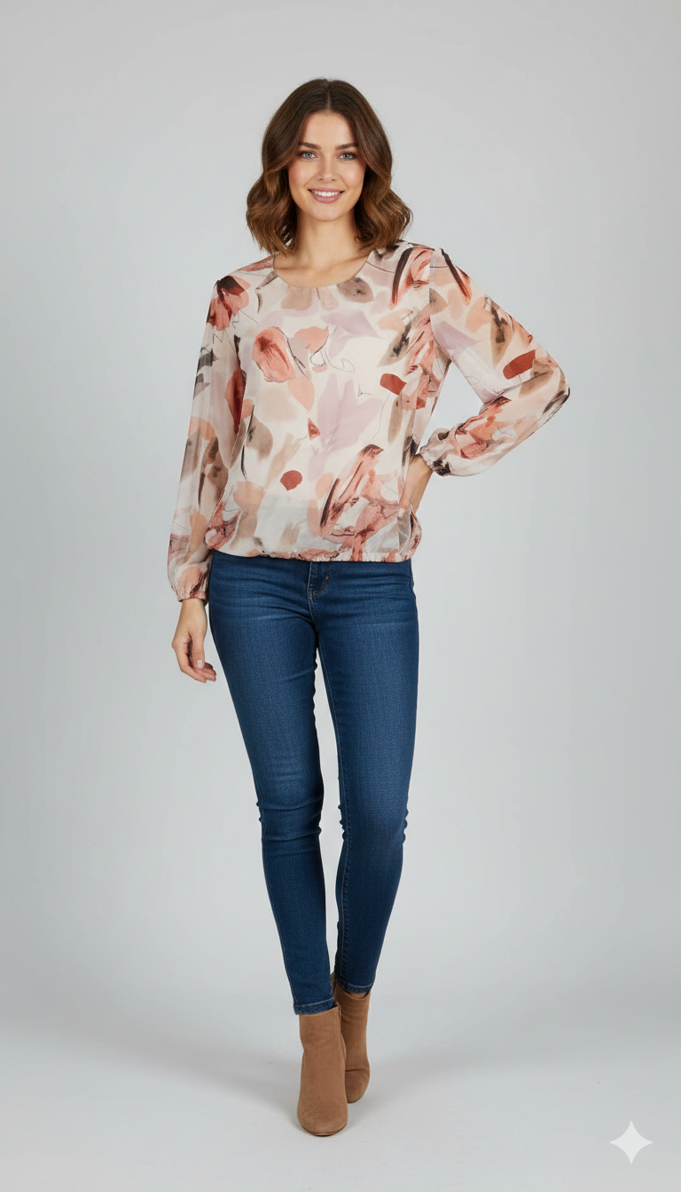 Blusa Leggera in Chiffon con Stampa Astratta Acquerello GR2040 ROSA MARICLA 