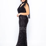 abito lungo paiette e piume RG103RF NERO GIGLI CERIMONIA 