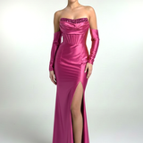 Abito lungo con spacco e maniche staccabilie HC9670 FUCSIA MARICLA ELEGANCE 