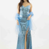 abito lungo paiette e fettucce laterali JC35326 CELESTE MARICLA ELEGANCE 
