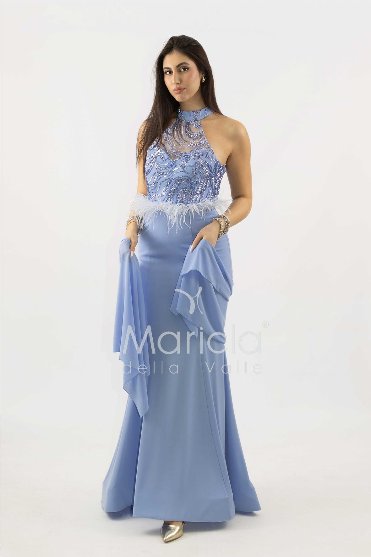 abito lungo con corpetto in strass e piume SH842AL PERVINCA SHARON 