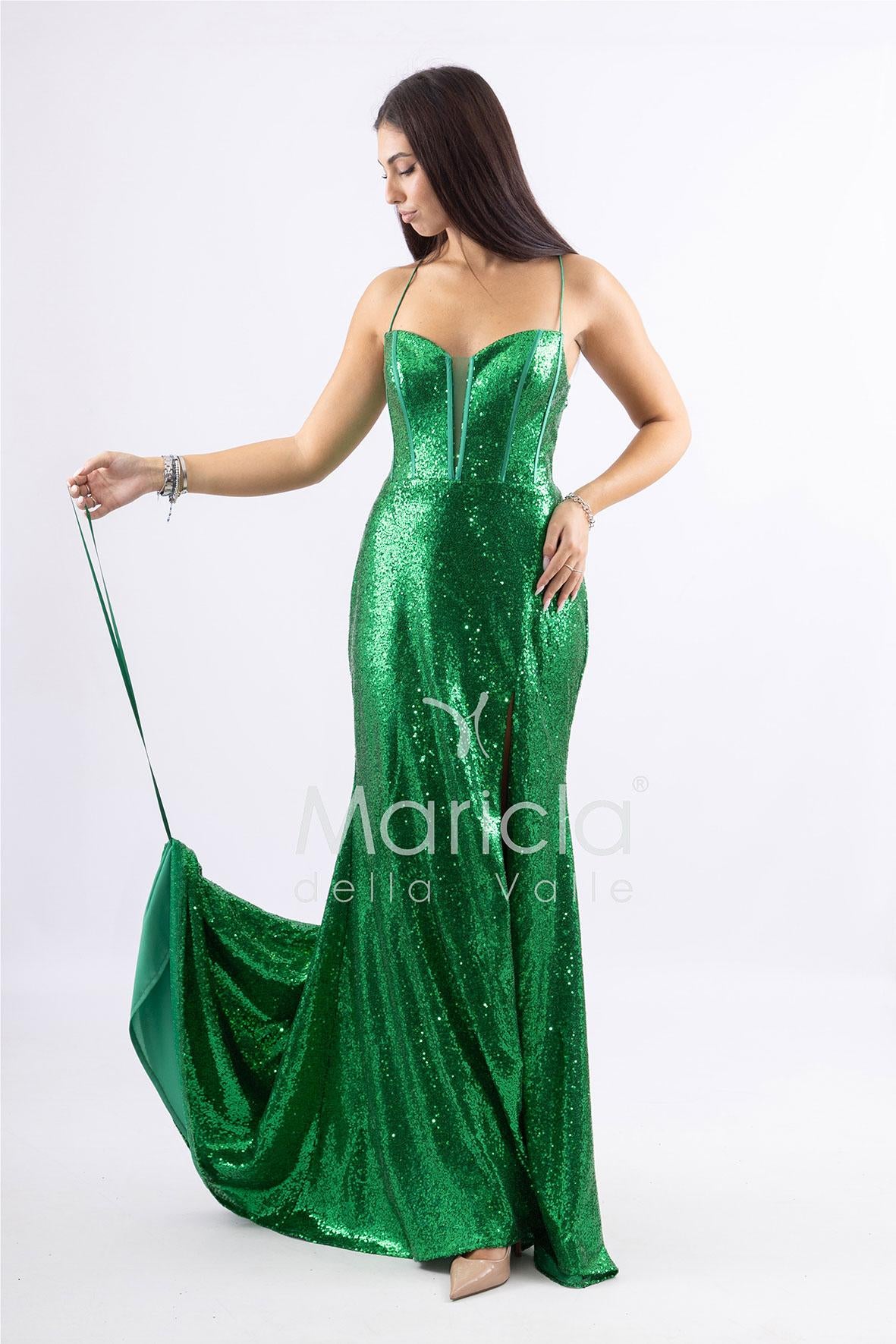 Abito a sirena lungo con micropaillettes <BR/> JC35336 VERDE MARICLA ELEGANCE 