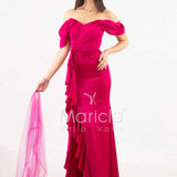abito lungo in crepe saten con rouche ANT80018 FUXIA ANTILLE ELEGANCE 