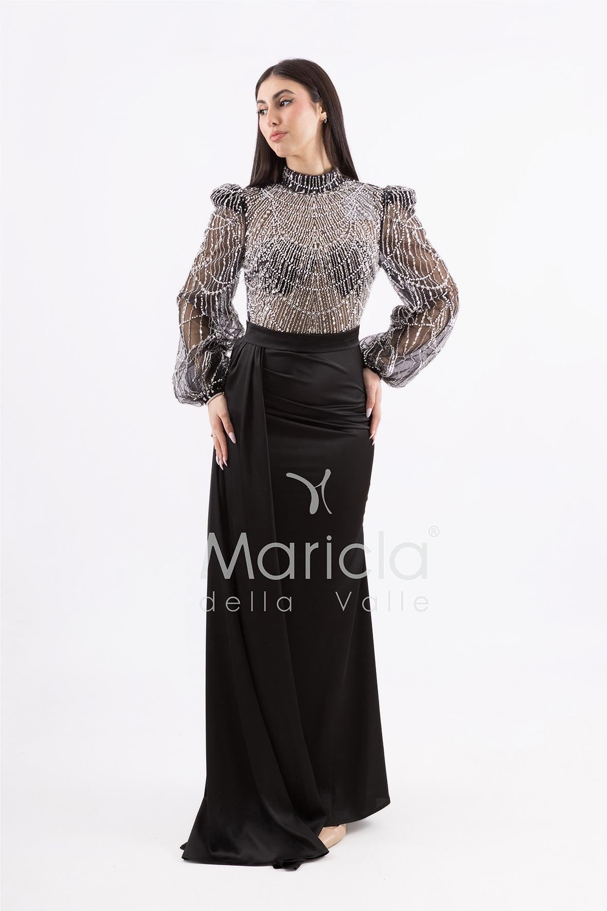 Abito sirena con corpetto ricamato e drappeggio al lato FP512352 NERO MARICLA ELEGANCE 