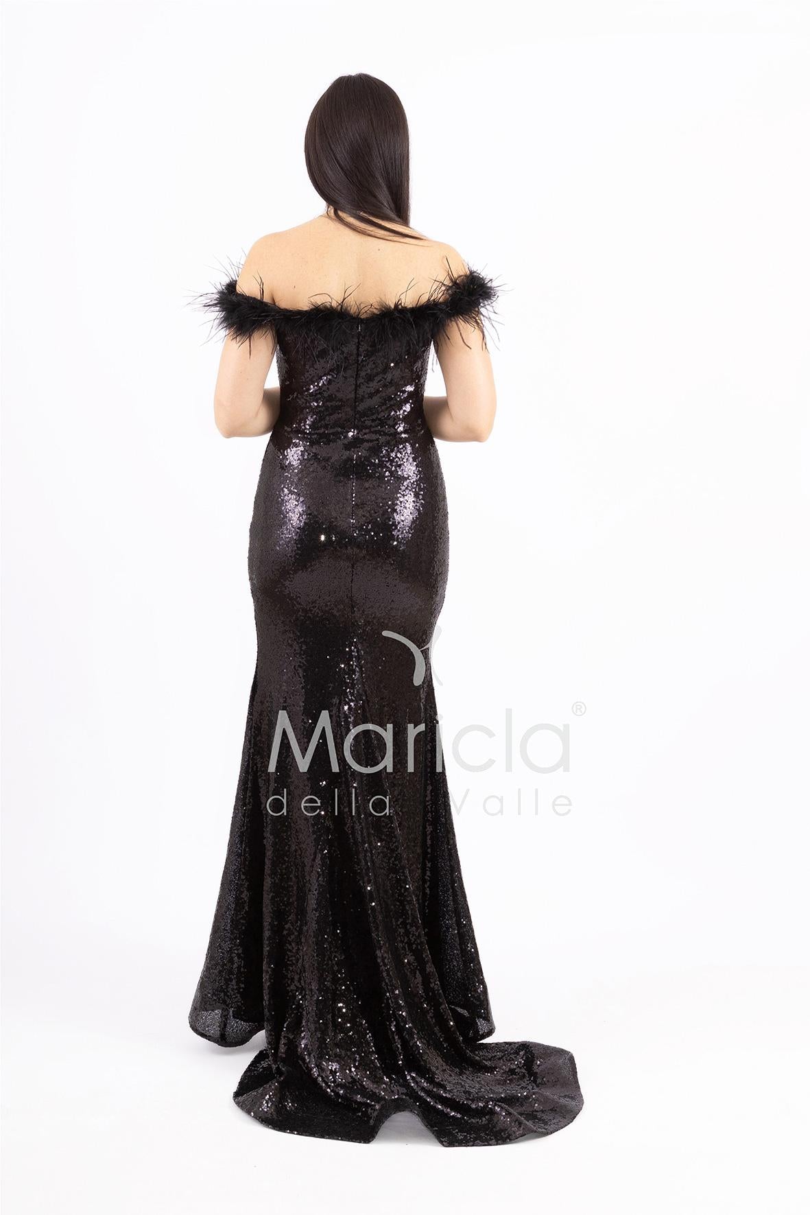 abito lungo in paillettes e scollatura in piume FP883015 NERO MARICLA ELEGANCE 