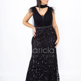 abito lungo paiette e piume RG103RF NERO GIGLI CERIMONIA 