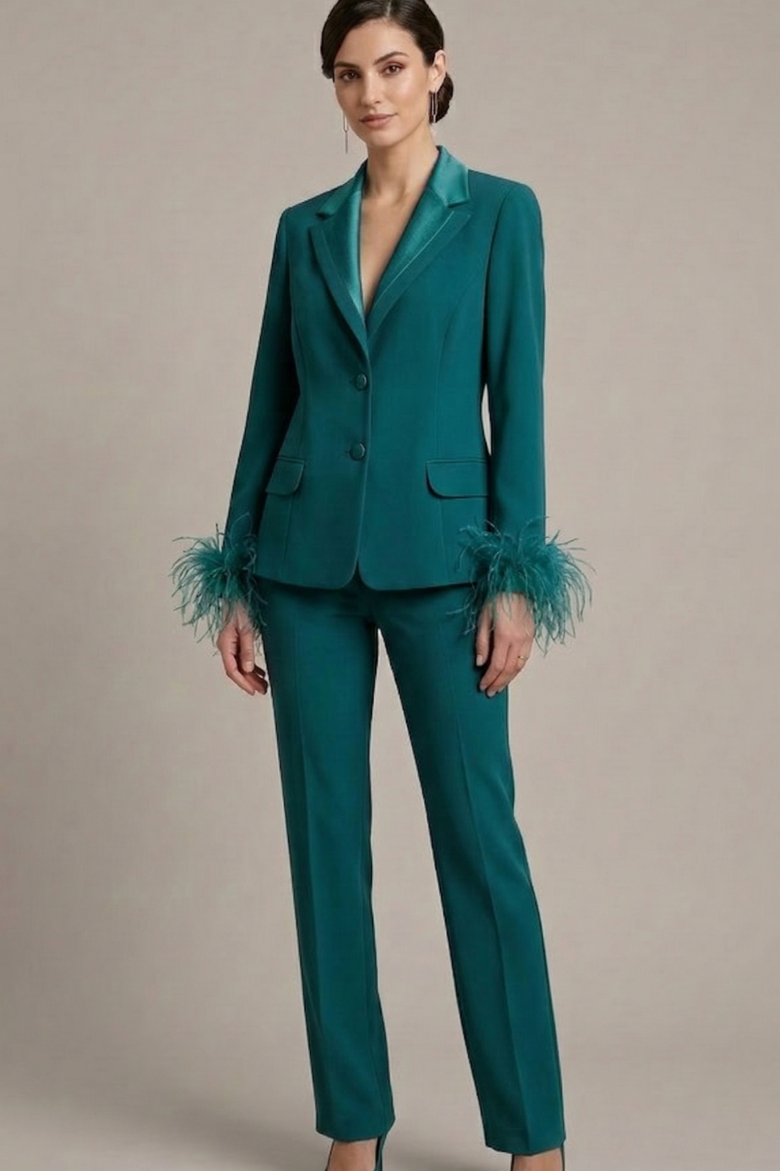 tailleur con collo raso e piume NC1426 PETROLIO MARICLA ELEGANCE 