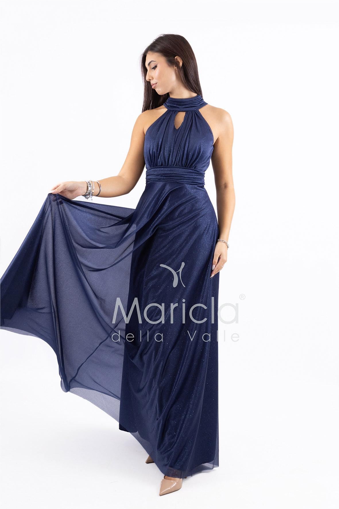 abito lungo scollo america glitter FI6646 BLU MARICLA ELEGANCE 