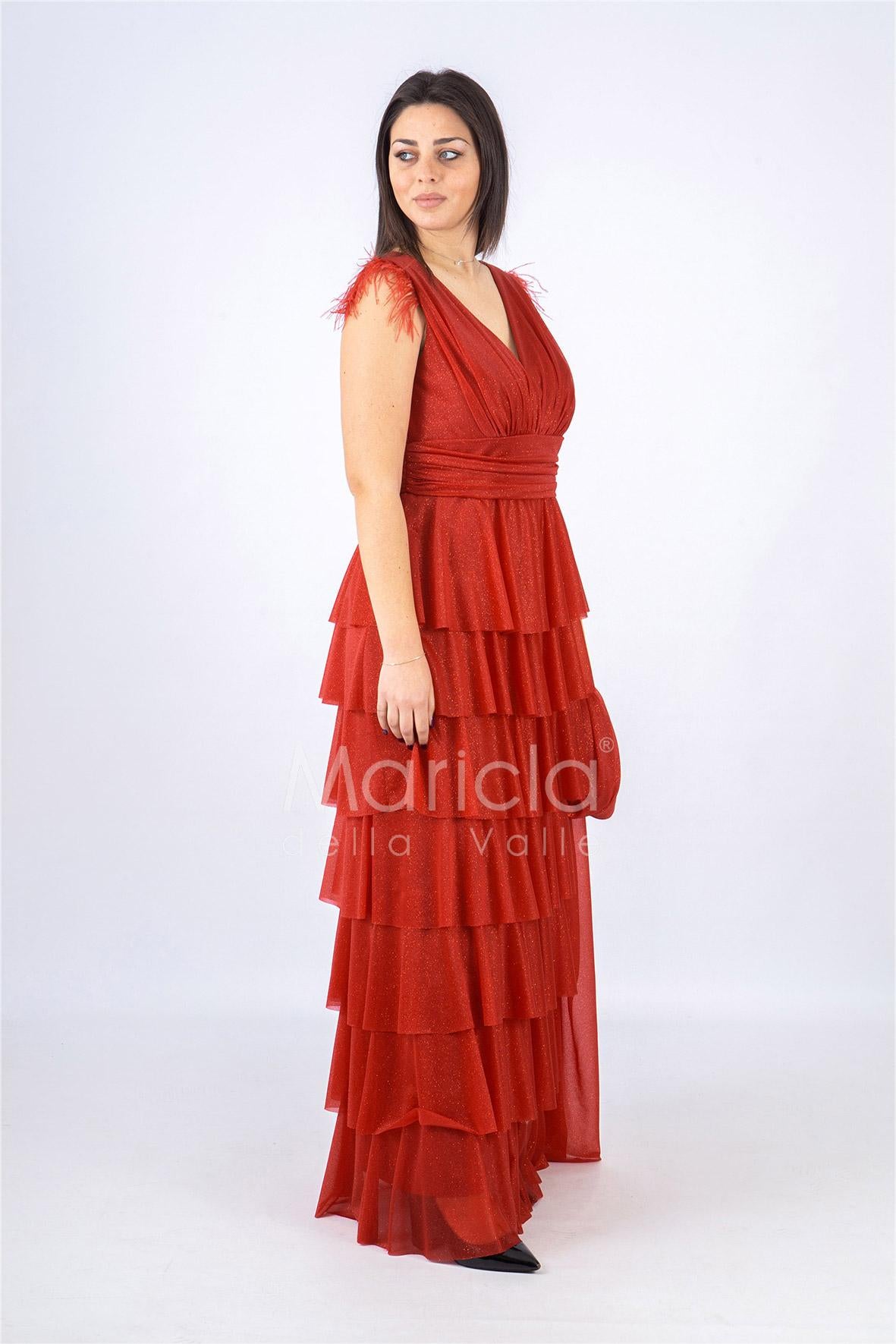 abito lungo balze piume JC28831M ROSSO MARICLA ELEGANCE 