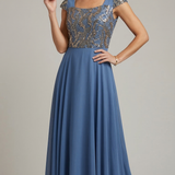 abito lungo paiette con cappa NC2138 INDACO MARICLA ELEGANCE 