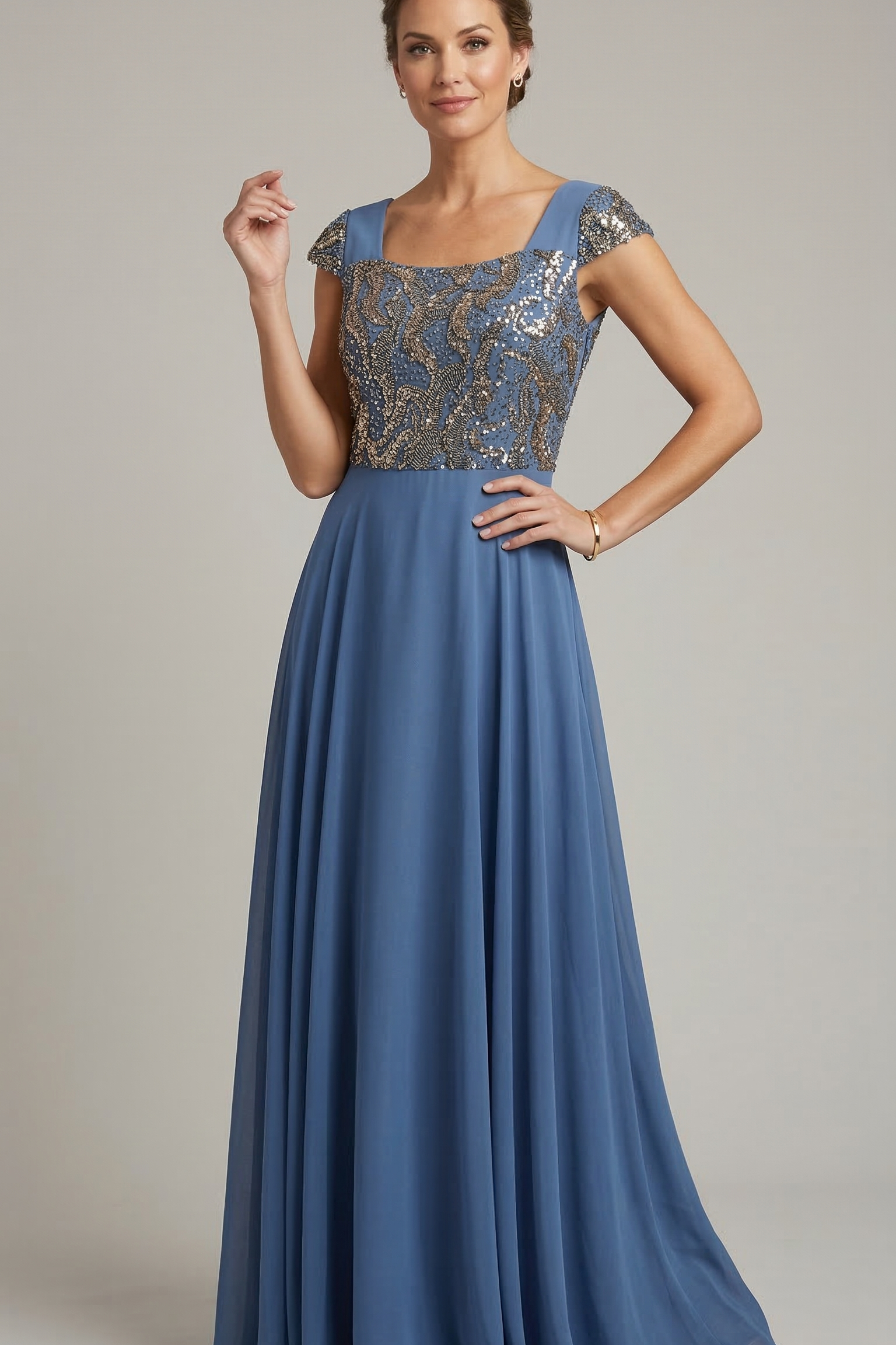 abito lungo paiette con cappa NC2138 INDACO MARICLA ELEGANCE 