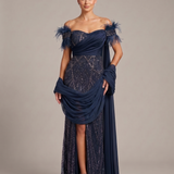 Abito lungo a sirena  con spacco e piume <BR/> KMK605 BLU MARICLA ELEGANCE 