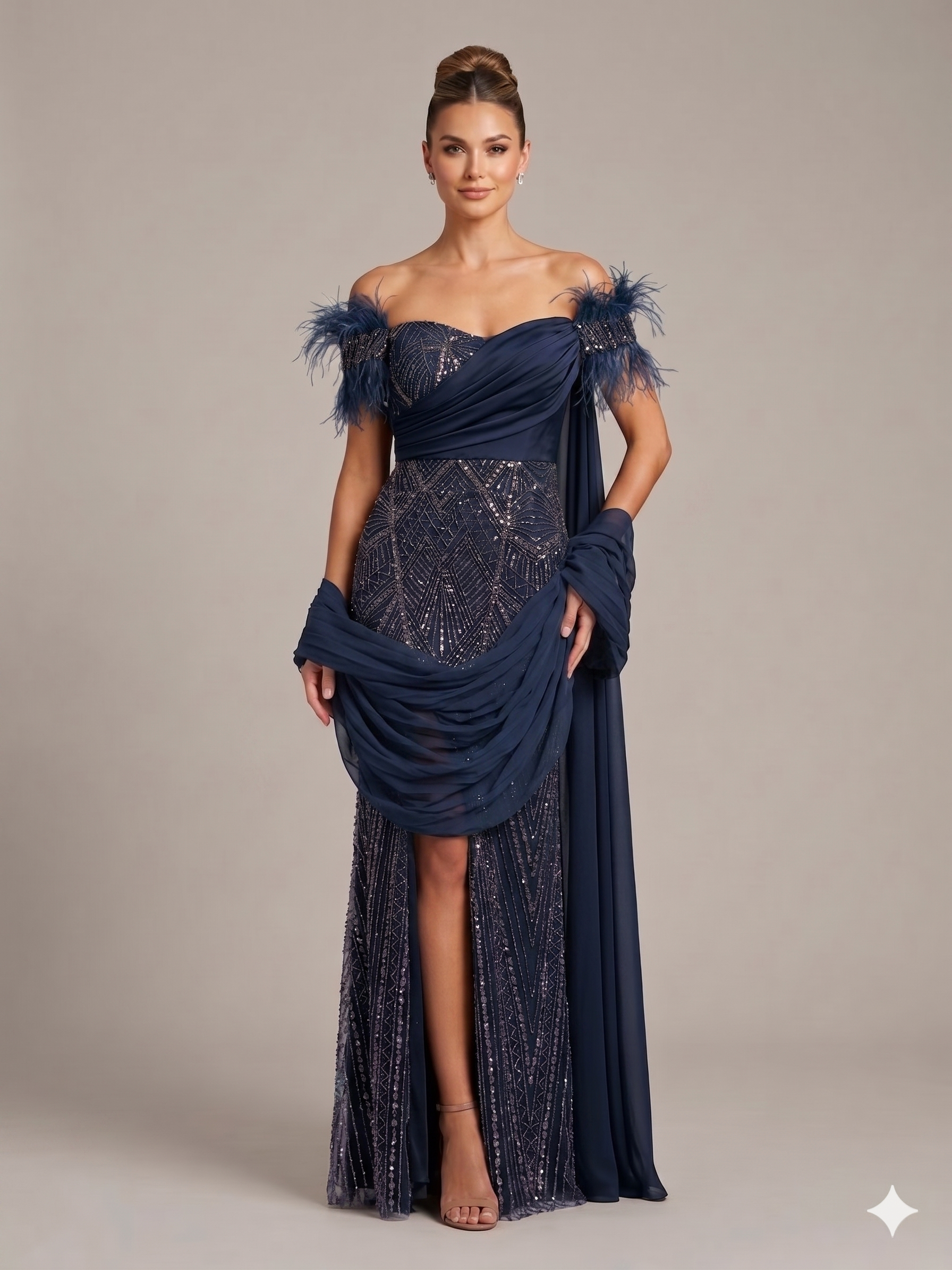 Abito lungo a sirena  con spacco e piume <BR/> KMK605 BLU MARICLA ELEGANCE 