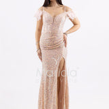 abito con paiette arricciato e piume SS23506 ROSA MARICLA ELEGANCE 