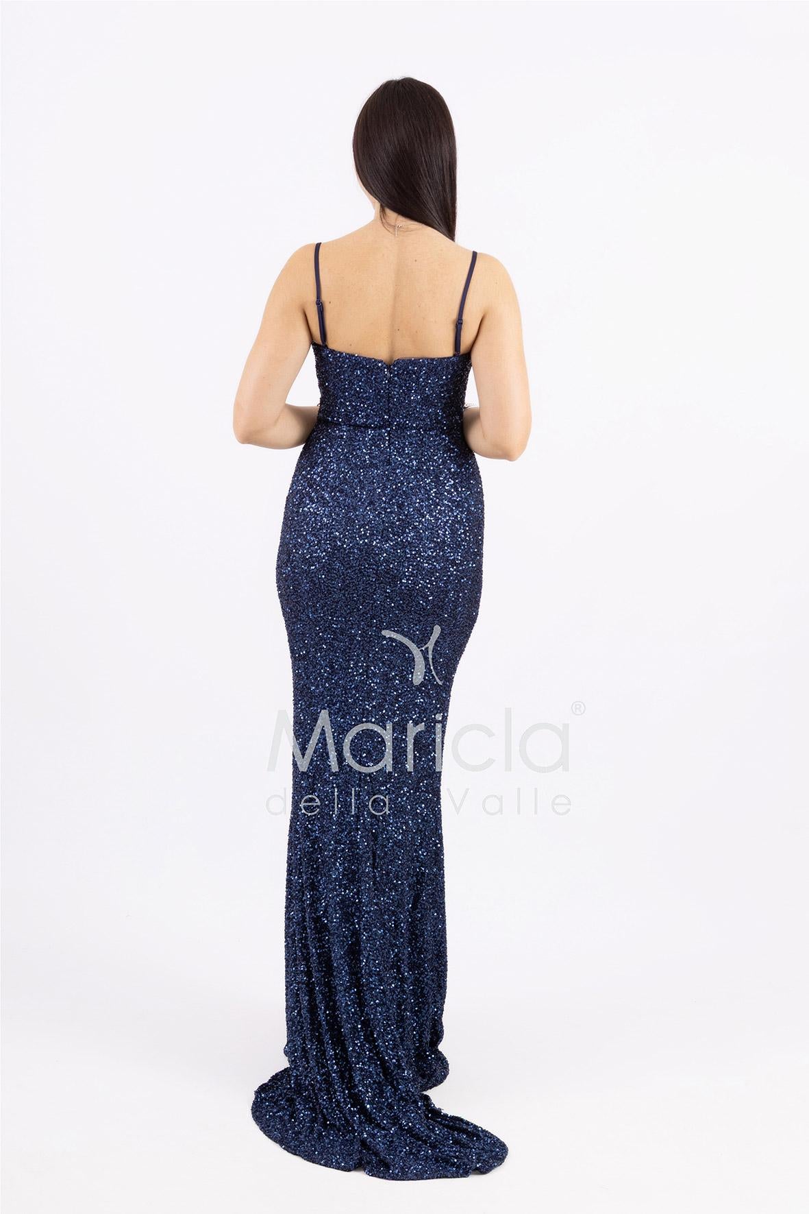 abito lungo paillettes drappeggio e spacco PB8066F BLU MARICLA ELEGANCE 