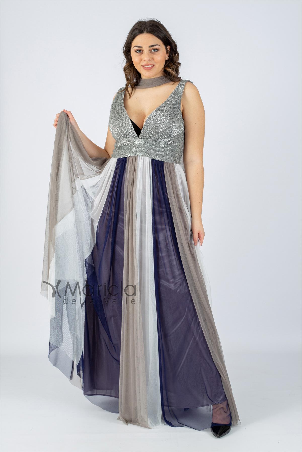 Abito lungo scollo a V, con fasce bicolore CR96419 GRIGIO CARLA RUIZ 