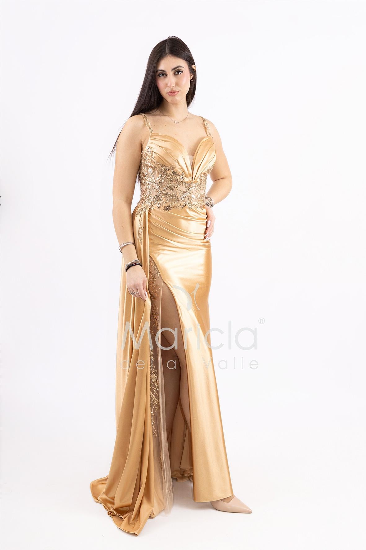 Abito lungo con pizzo ricami e perline FP826007 ORO MARICLA ELEGANCE 