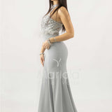 abito lungo con corpetto in strass e piume SH842AL ARGENTO SHARON 