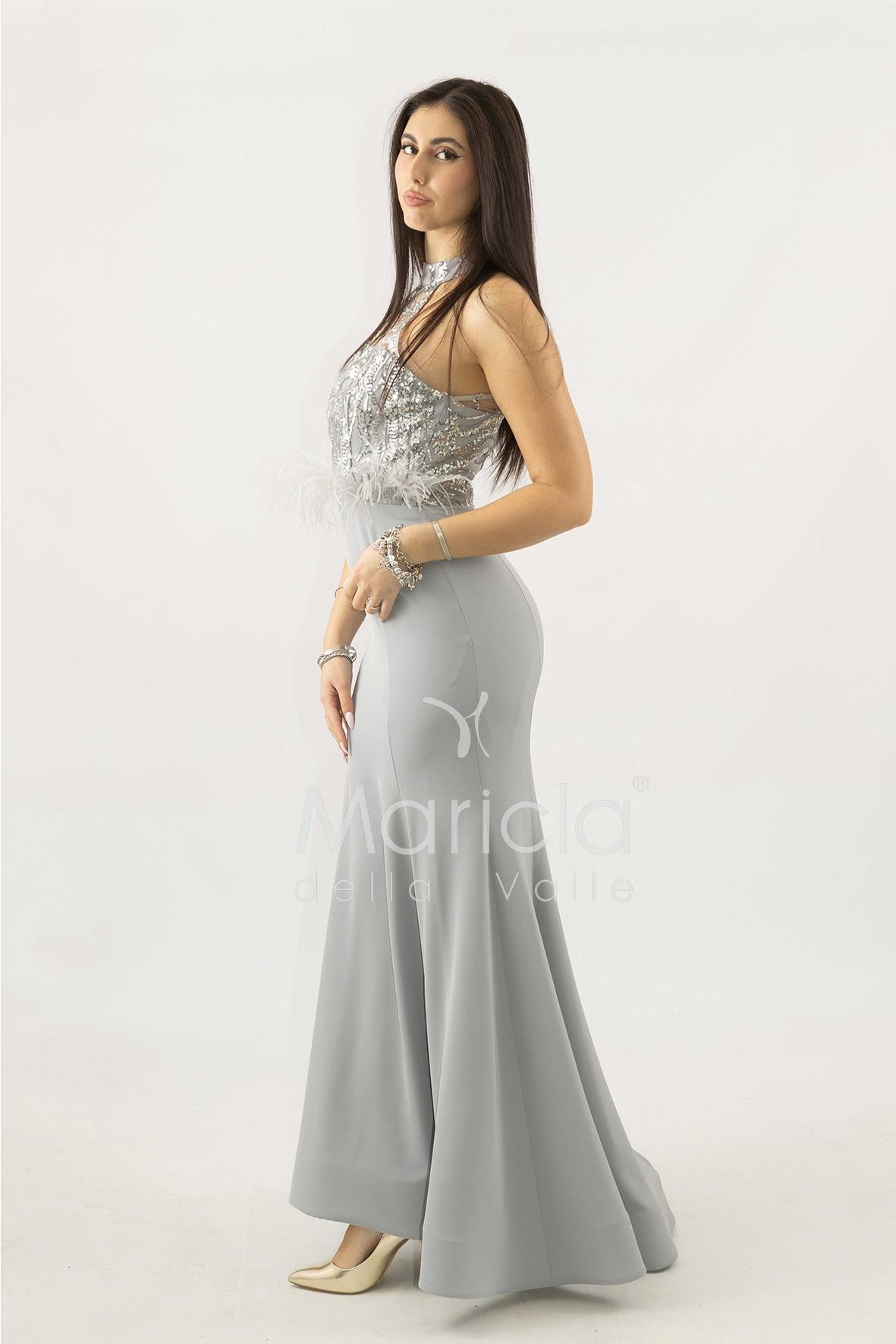 abito lungo con corpetto in strass e piume SH842AL ARGENTO SHARON 