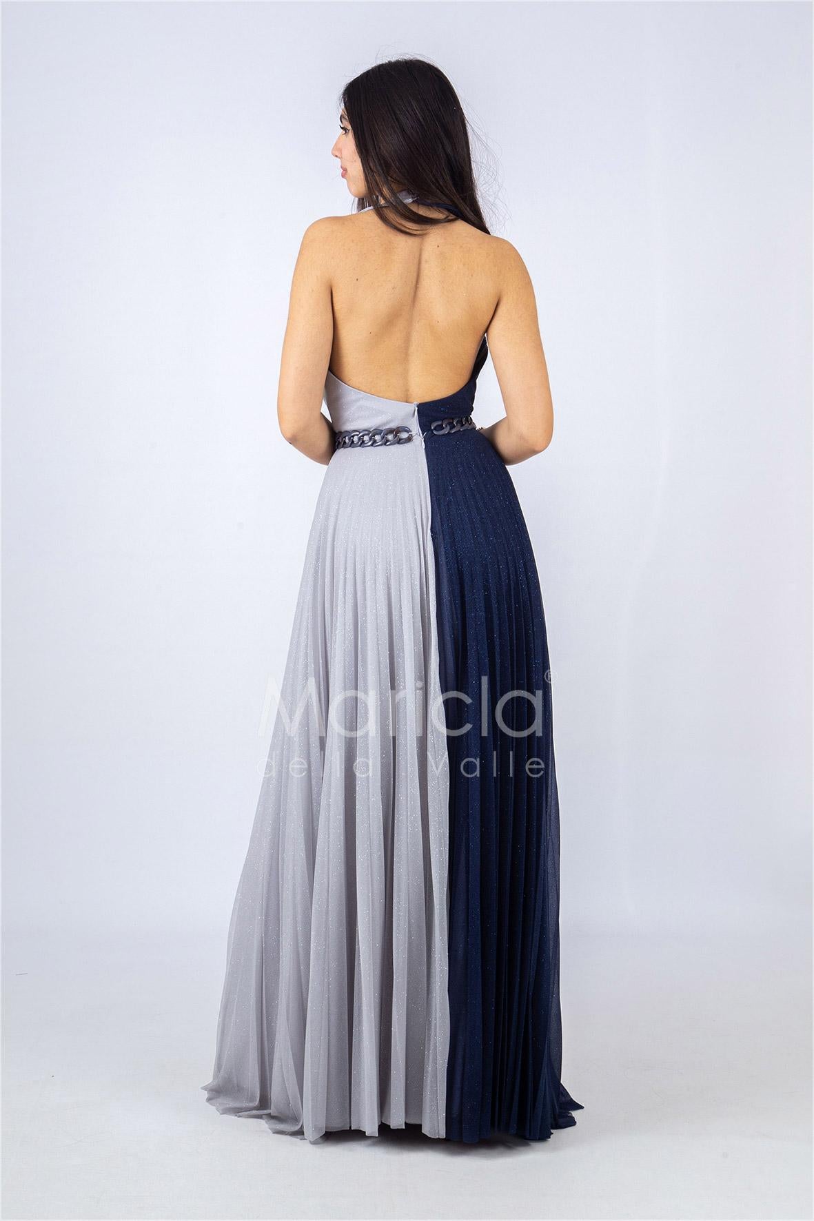 abito lungo con catena glitterato RG3848 BLU GIGLI CERIMONIA 