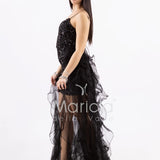 Abito midi in paillettes con strascico in tulle SS24228 NERO MARICLA ELEGANCE 