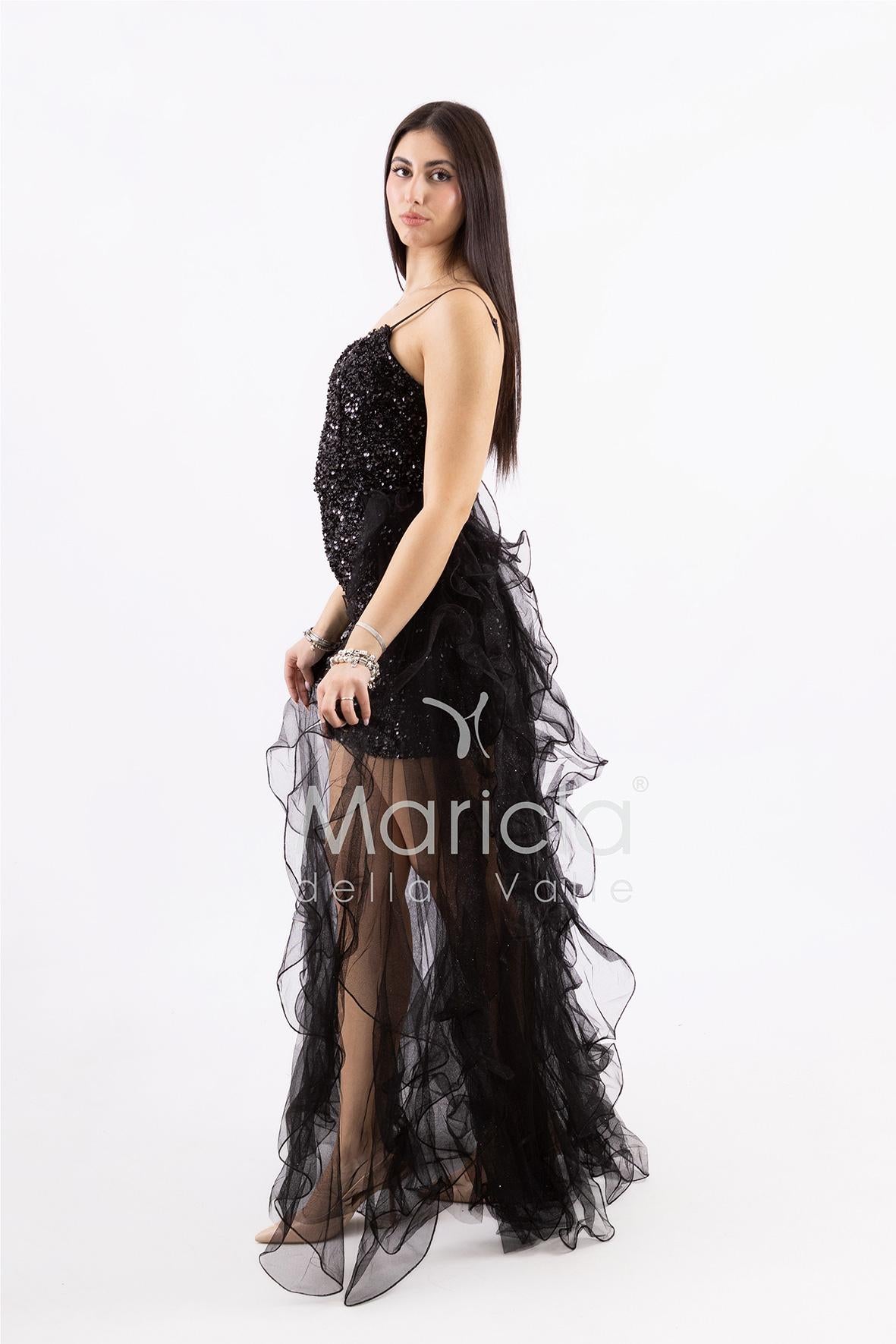 Abito midi in paillettes con strascico in tulle SS24228 NERO MARICLA ELEGANCE 