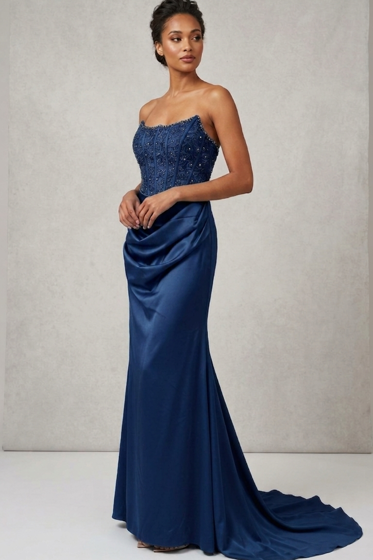 abito lungo con corpetto macramè CAR58595 BLU MARICLA ELEGANCE 