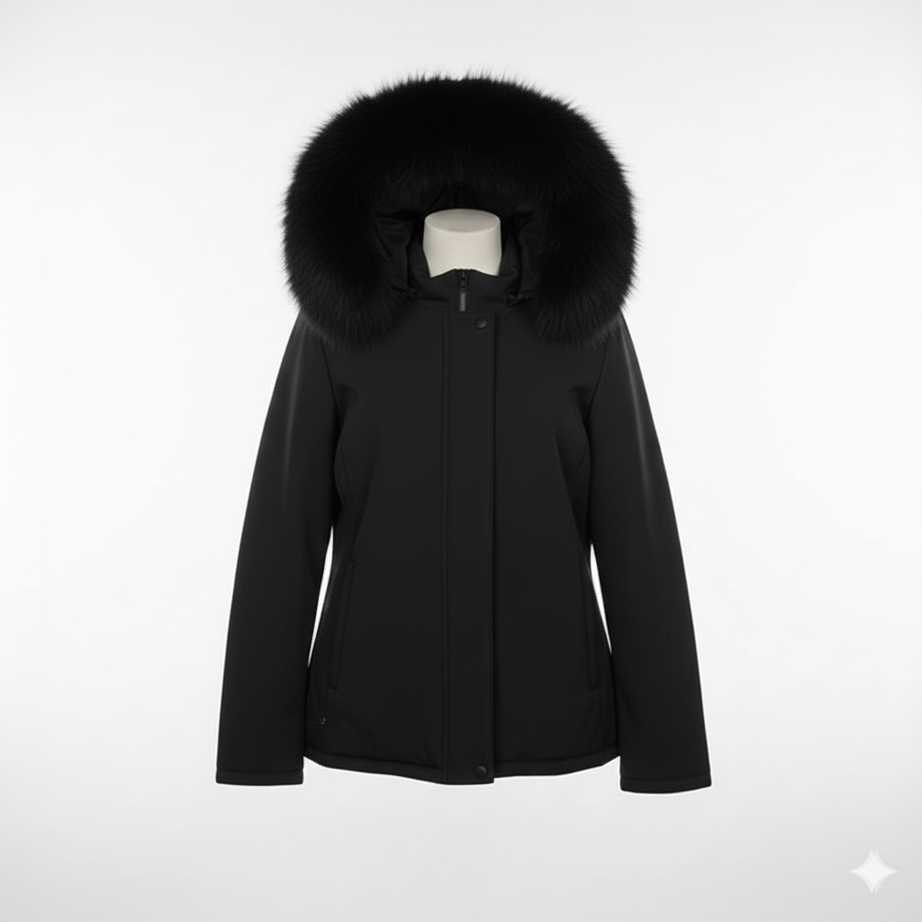 giaccone medio liscio con cappuccio in pelliccia LIN3434 NERO MARICLA 