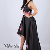 Abito lungo con cintura a fiori e interno floreale. BB27545 NERO MARICLA ELEGANCE 
