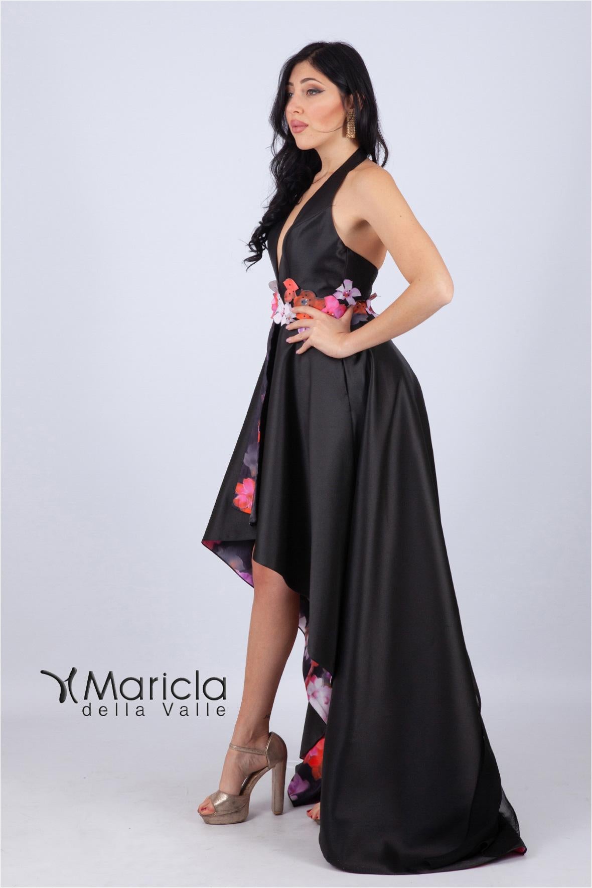 Abito lungo con cintura a fiori e interno floreale. BB27545 NERO MARICLA ELEGANCE 