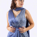 abito lungo ricamo paiette laterale ALC01 INDACO MARICLA ELEGANCE 
