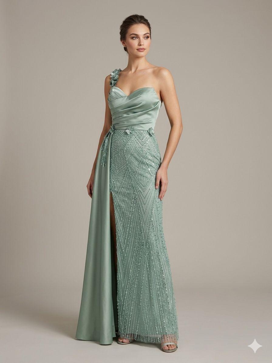 Abito monospalla con fiori KMK562 MENTA MARICLA ELEGANCE 