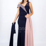 Abito lungo bicolore con strass PF601 BLU PAOLA FORTI 