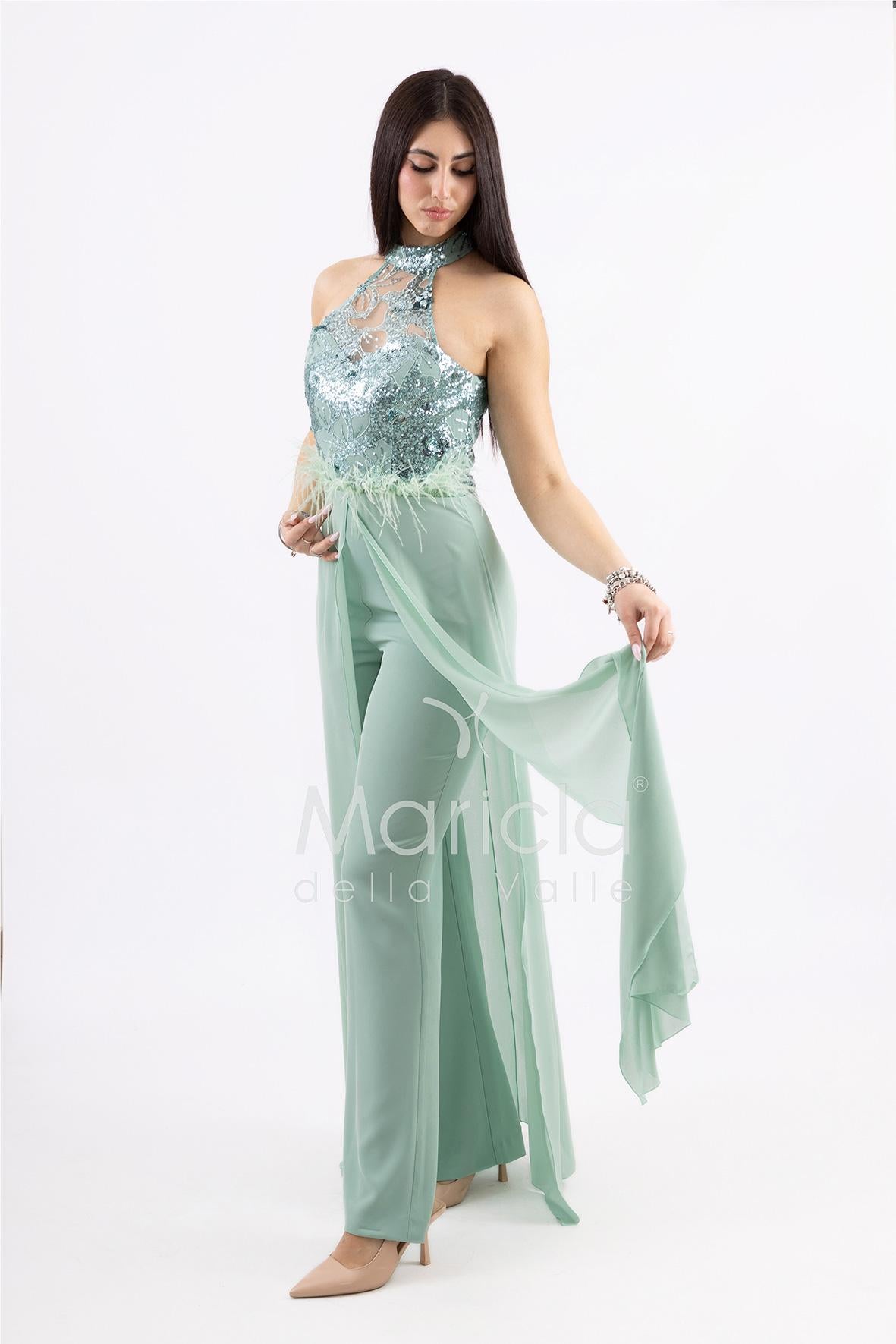 Tuta con piume e ricami SH909TU MENTA SHARON 
