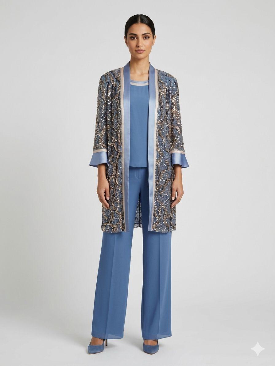 completo 3 pezzi spolverino paiette NC7138 INDACO MARICLA ELEGANCE 
