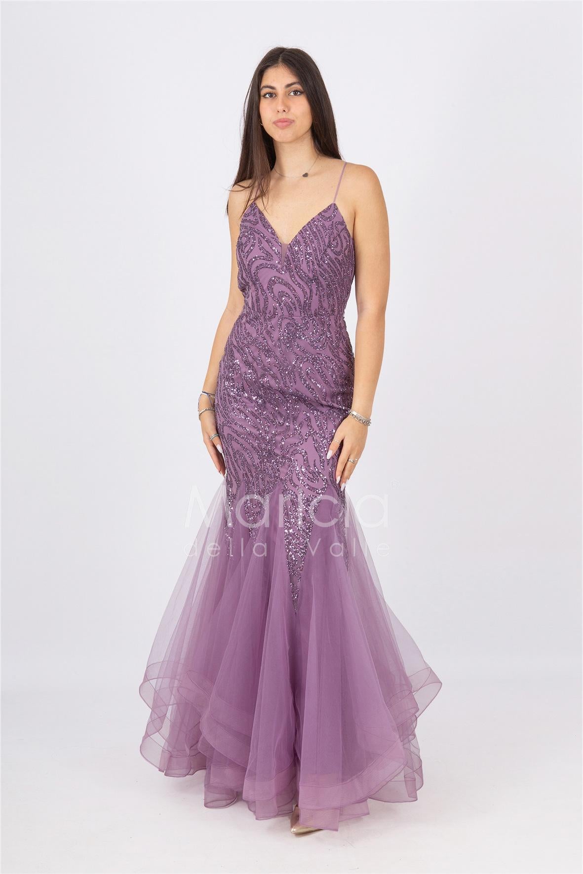 abito lungo glitter con triangoli toulle FI7269 LAVANDA MARICLA ELEGANCE 
