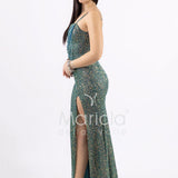 Abito a sirena  lungo con strass e spacco frontale FP578111 VERDE MARICLA ELEGANCE 