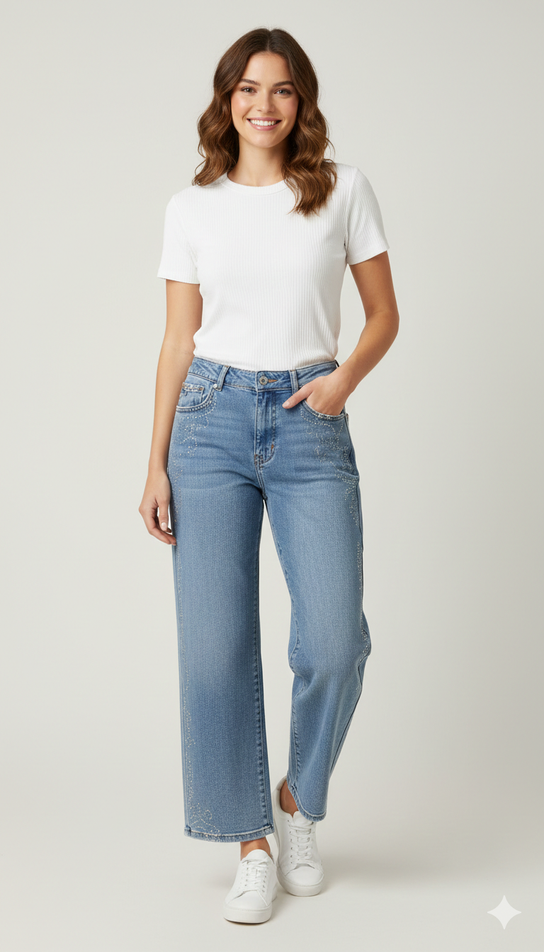 Pantalone jeans denim palazzo con strass GH1590 DENIM MARICLA 