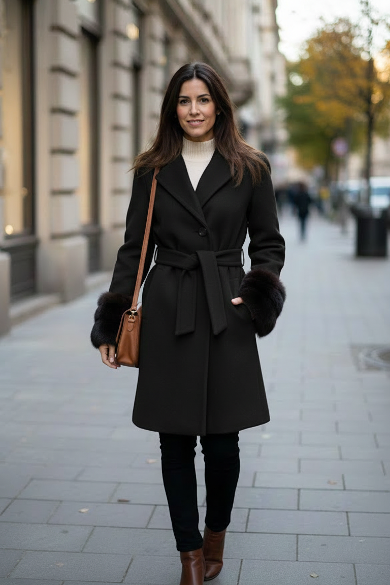 cappotto diagonale con manicotto pelliccia ROMI2754 NERO MARICLA 