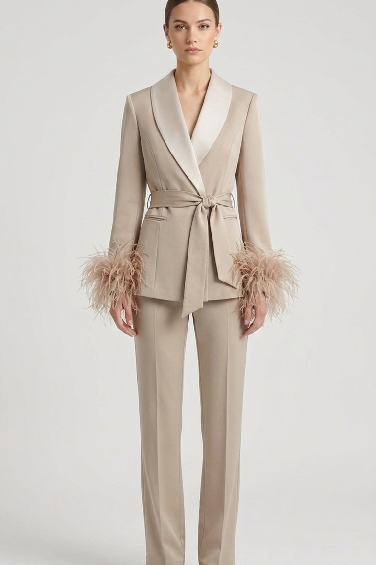 tailleur con cintura e piume EC04610 CREMA MARICLA 