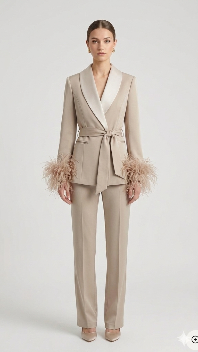 tailleur con cintura e piume EC04610 CREMA MARICLA 