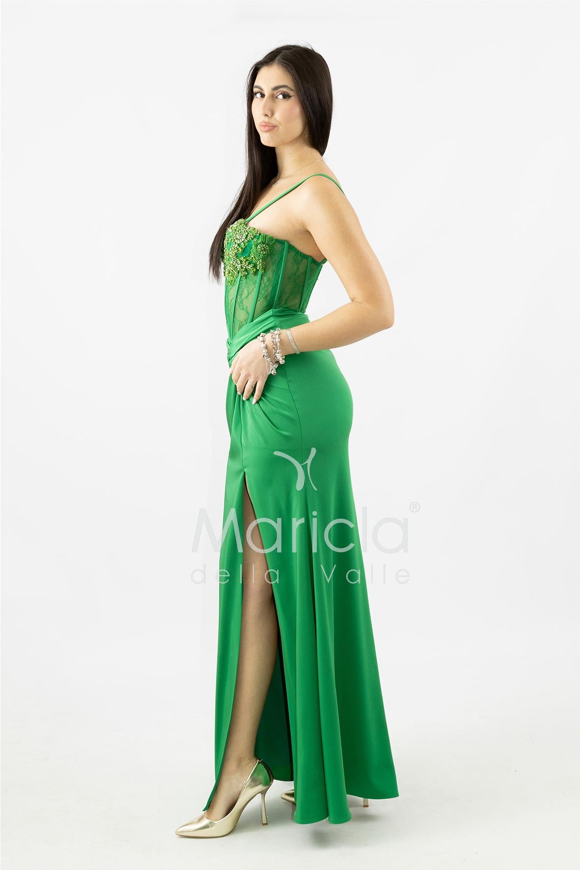 abito lungo corpetto strass e arriccio laterale ANT25024XJ VERDE ANTILLE ELEGANCE 