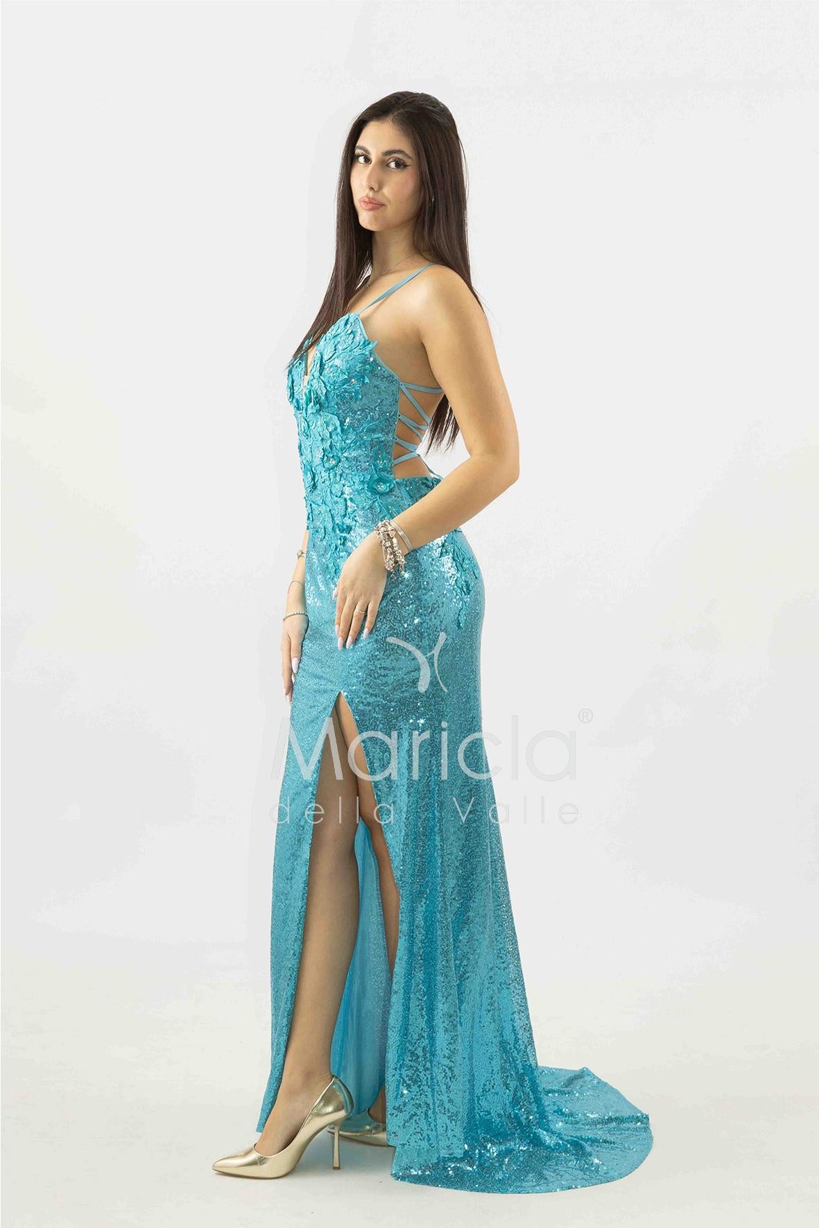 abito lungo paiette e strass ANT4005Z TURCHESE ANTILLE ELEGANCE 